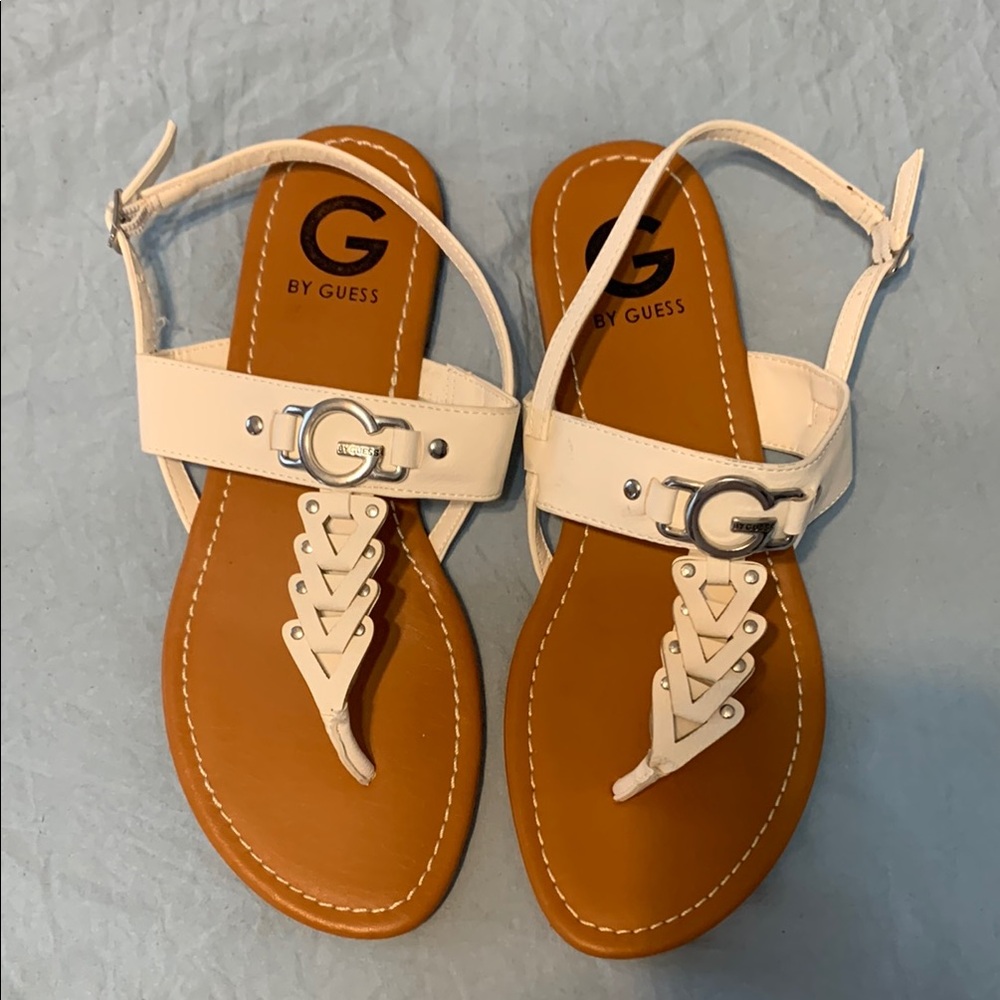 G by Guess White and Brown Sandals with Braided Detail